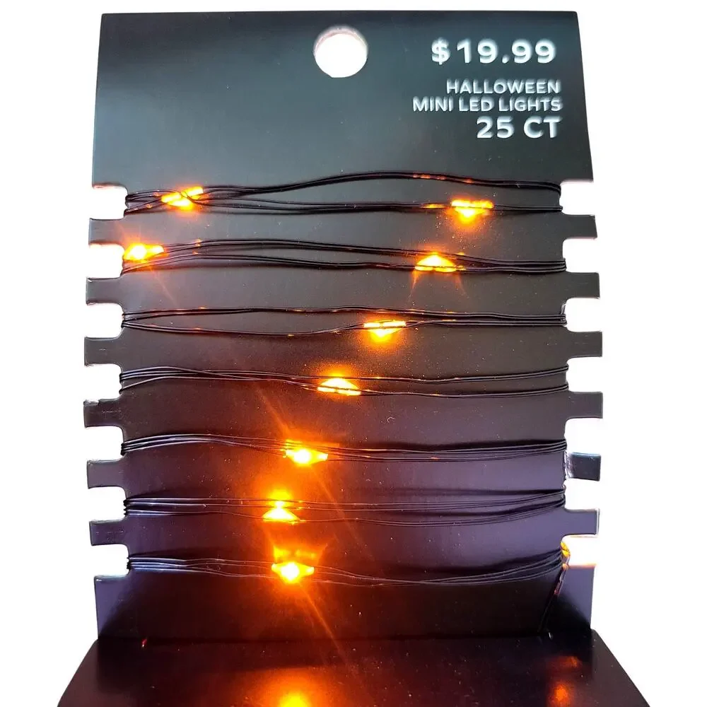 Orange Fairy Halloween 25 Mini LED String Lights Black Wire Battery Operated NEW